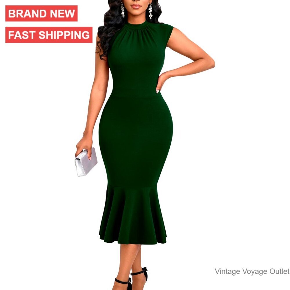 Women's Midi Mermaid Dress Mock Neck Sleeveless Bodycon Formal Cocktail